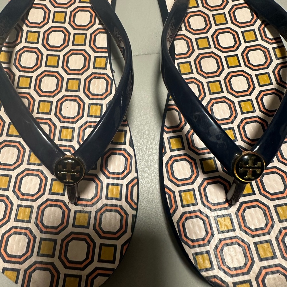 Geometric Pattern Flip Flops With Navy Straps - image 4